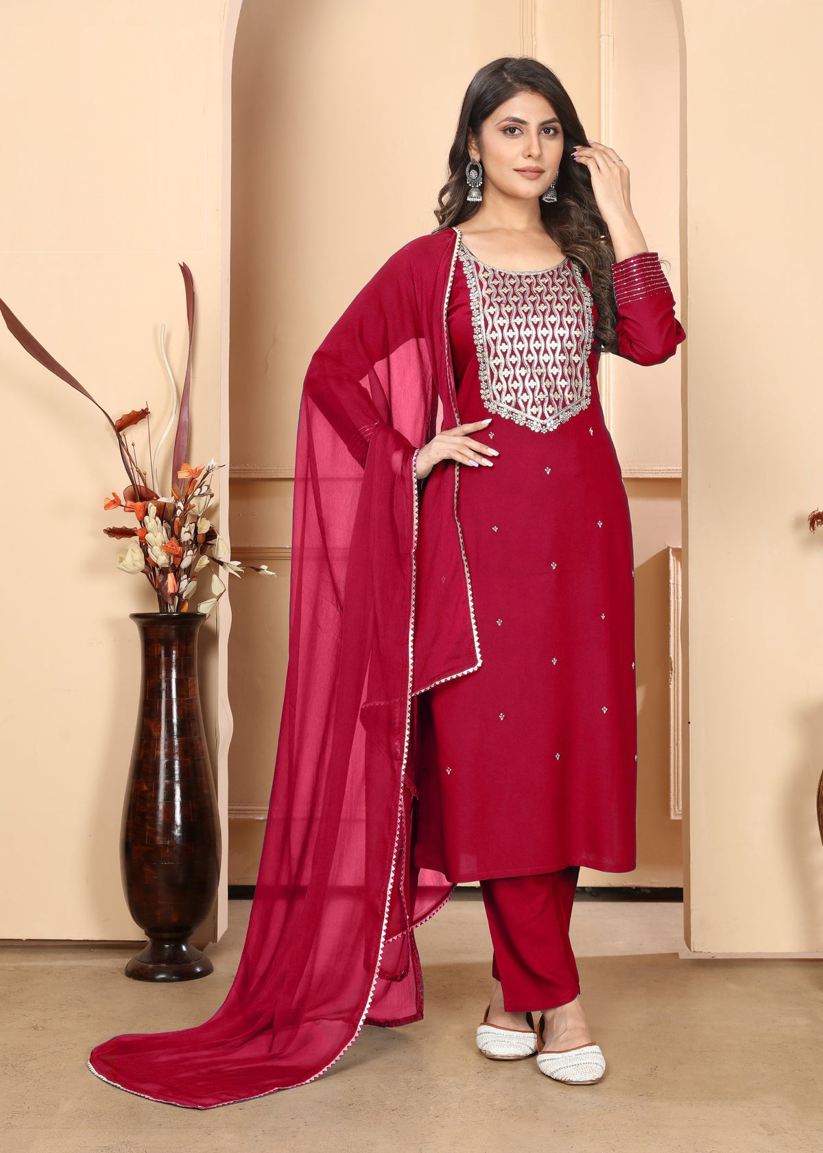 Jyoti Fashion Women's Rani Pink Rayon Sequins Embroidered Designer Kurta Set with Dupatta | Grocsy