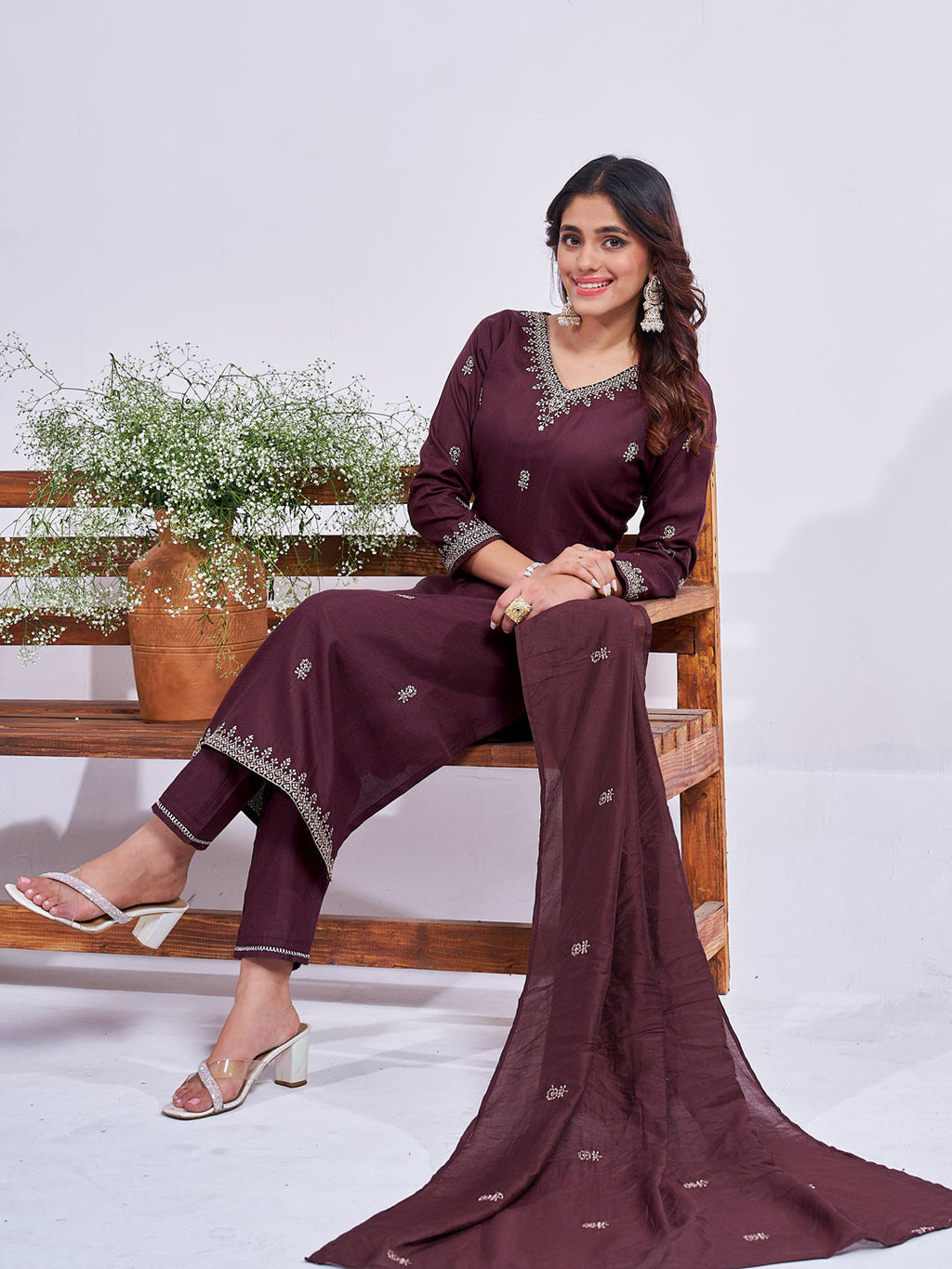 Jyoti Fashion Women's Coffee Rayon Embroidered Designer Kurta Set with Dupatta | Grocsy