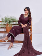 Jyoti Fashion Women's Coffee Rayon Embroidered Designer Kurta Set with Dupatta | Grocsy