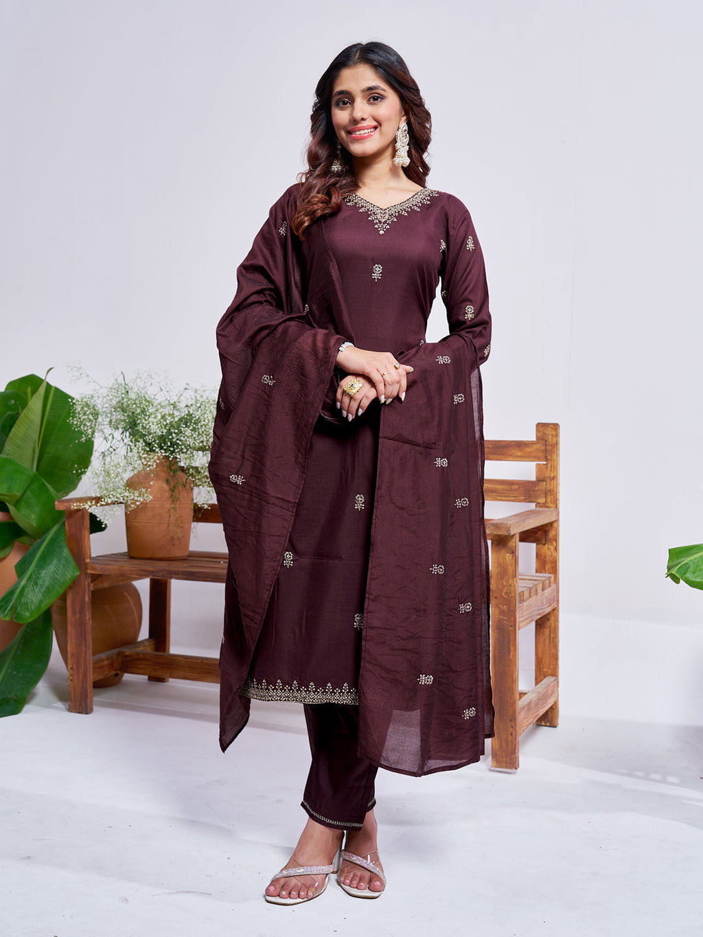 Jyoti Fashion Women's Coffee Rayon Embroidered Designer Kurta Set with Dupatta | Grocsy