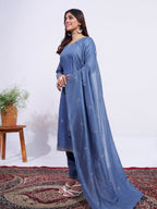 Jyoti Fashion Women's Denim Blue Rayon Embroidered Designer Kurta Set with Dupatta | Grocsy