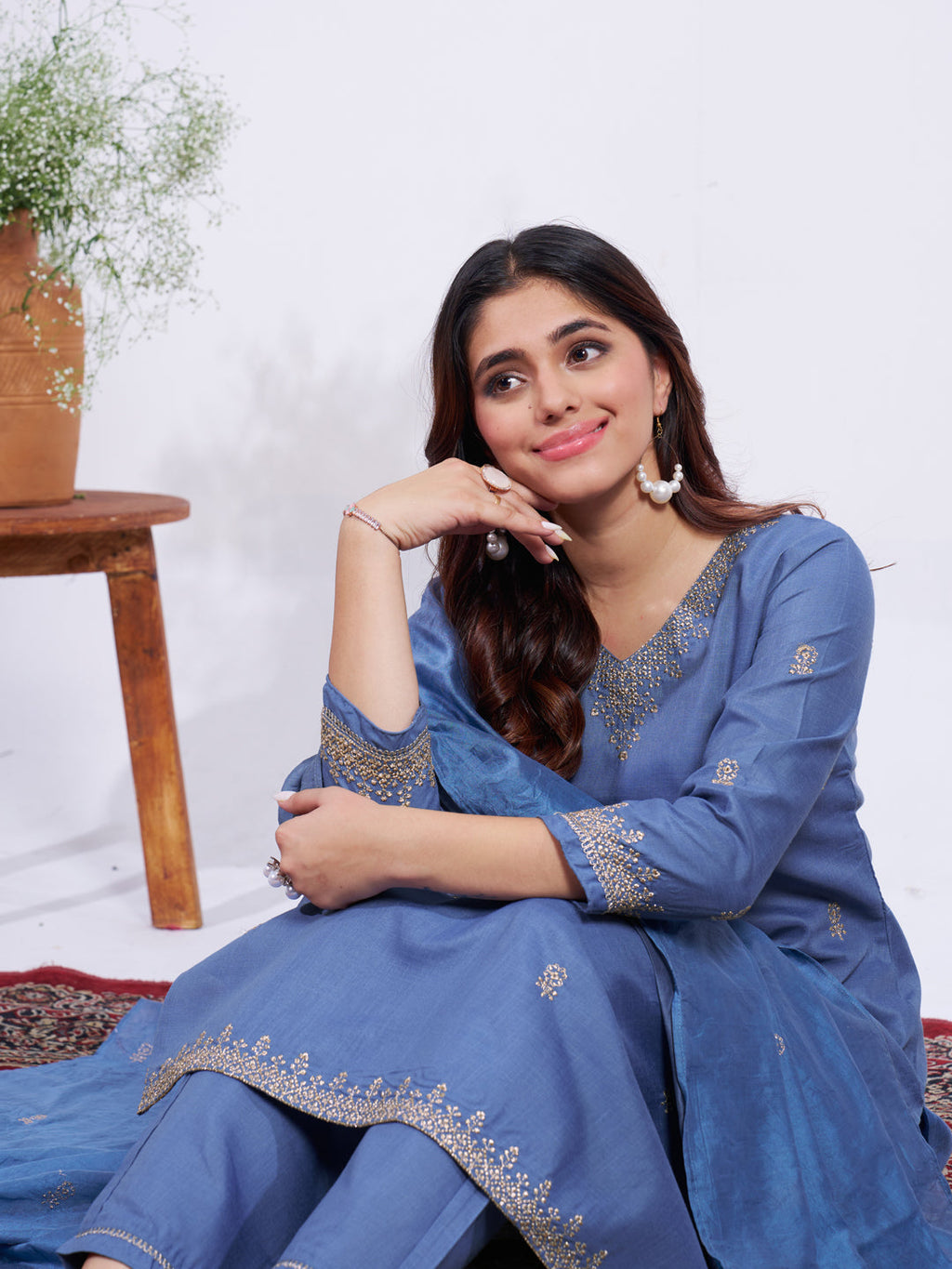 Jyoti Fashion Women's Denim Blue Rayon Embroidered Designer Kurta Set with Dupatta | Grocsy