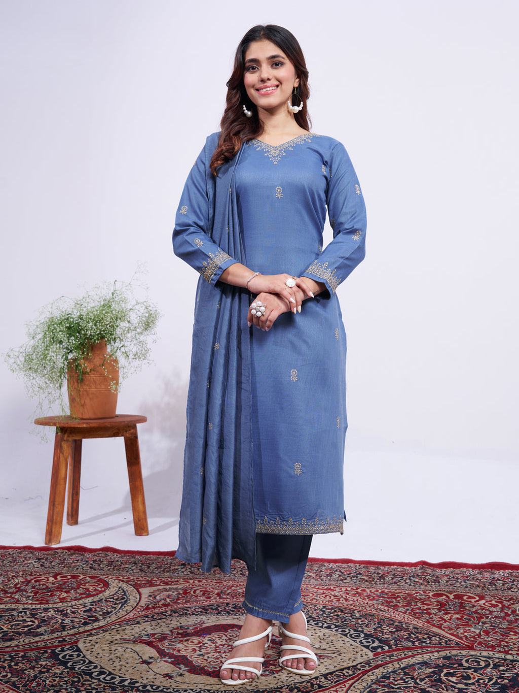Jyoti Fashion Women's Denim Blue Rayon Embroidered Designer Kurta Set with Dupatta | Grocsy