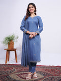 Jyoti Fashion Women's Denim Blue Rayon Embroidered Designer Kurta Set with Dupatta | Grocsy