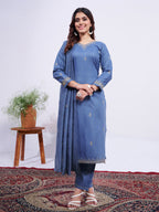 Jyoti Fashion Women's Denim Blue Rayon Embroidered Designer Kurta Set with Dupatta | Grocsy