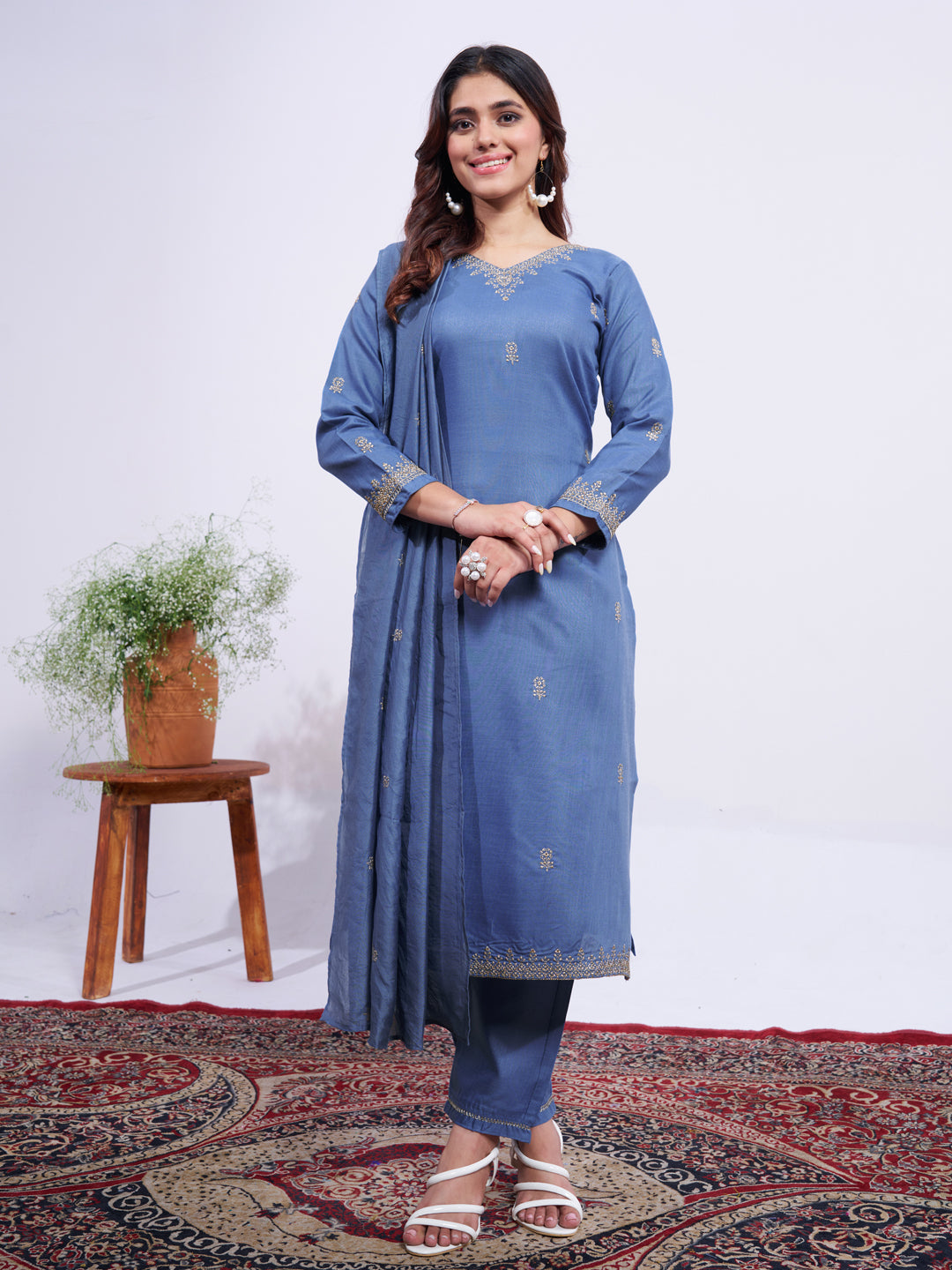 Jyoti Fashion Women's Denim Blue Rayon Embroidered Designer Kurta Set with Dupatta | Grocsy