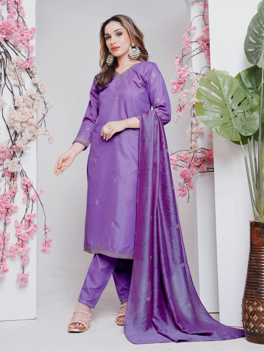 Jyoti Fashion Women's Lavender Rayon Embroidered Designer Kurta Set with Dupatta | Grocsy