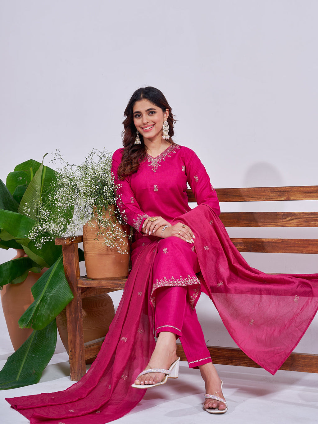 Jyoti Fashion Women's Rani Pink Rayon Embroidered Designer Kurta Set with Dupatta | Grocsy