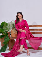 Jyoti Fashion Women's Rani Pink Rayon Embroidered Designer Kurta Set with Dupatta | Grocsy