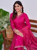 Jyoti Fashion Women's Rani Pink Rayon Embroidered Designer Kurta Set with Dupatta | Grocsy