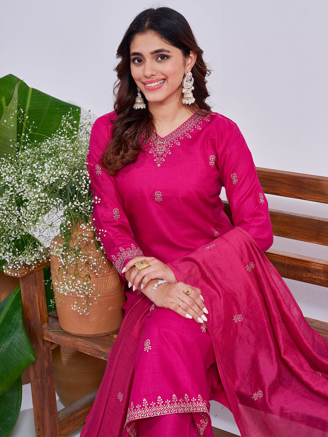 Jyoti Fashion Women's Rani Pink Rayon Embroidered Designer Kurta Set with Dupatta | Grocsy