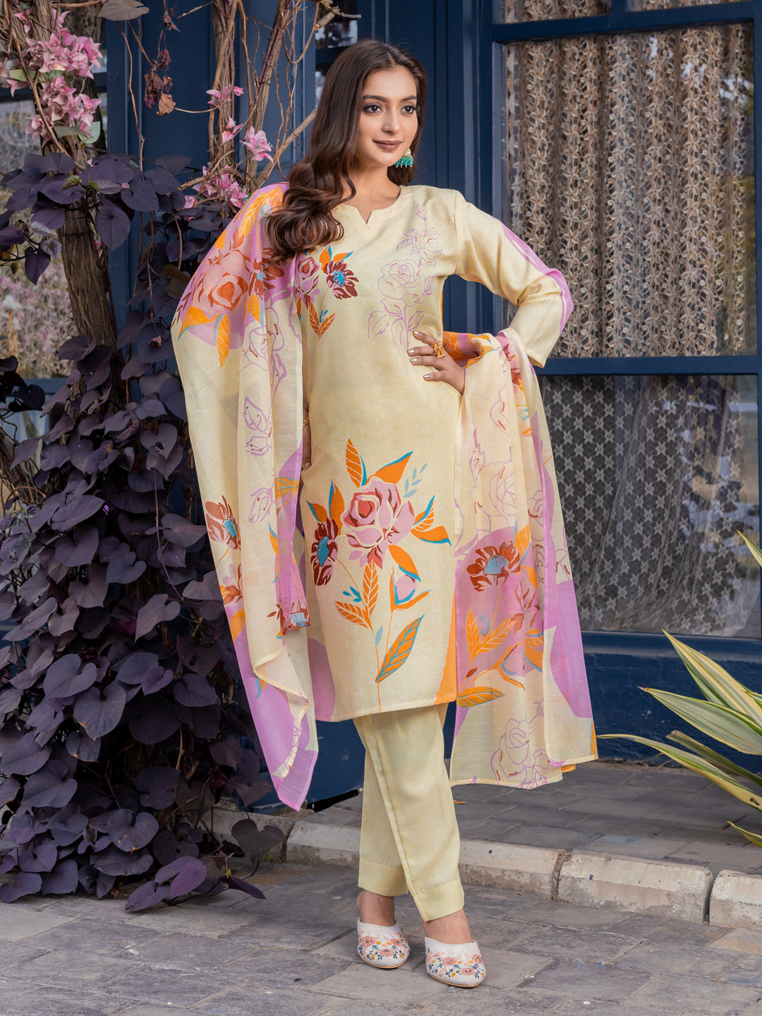 Jyoti Fashion Women's Cream Cotton Blend Printed Designer Kurta Set with Dupatta | Grocsy
