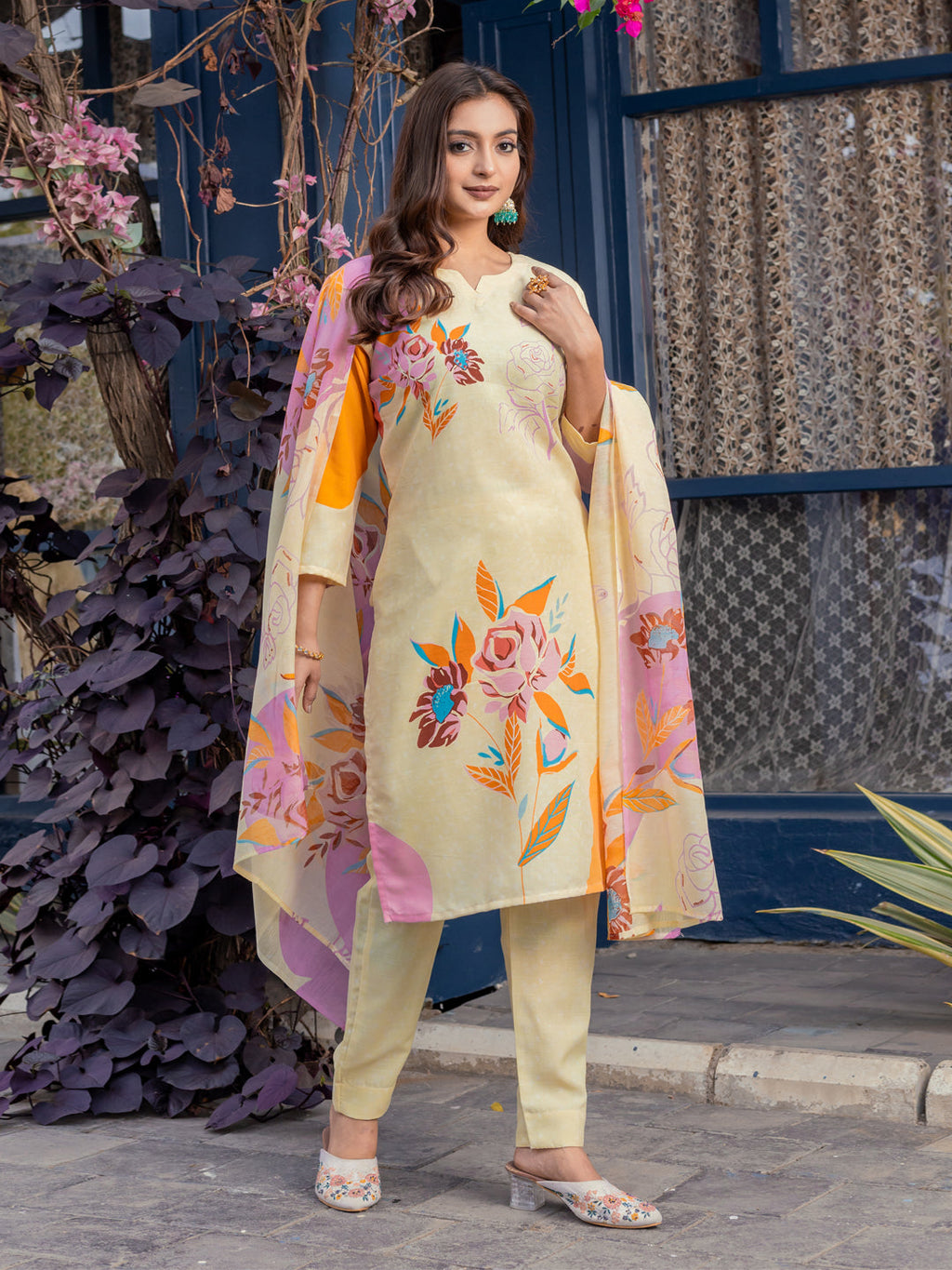 Jyoti Fashion Women's Cream Cotton Blend Printed Designer Kurta Set with Dupatta | Grocsy