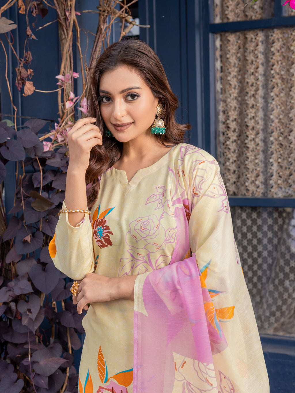 Jyoti Fashion Women's Cream Cotton Blend Printed Designer Kurta Set with Dupatta | Grocsy