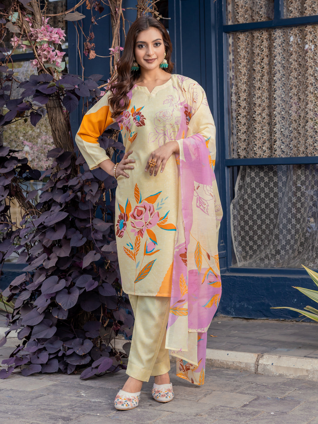 Jyoti Fashion Women's Cream Cotton Blend Printed Designer Kurta Set with Dupatta | Grocsy