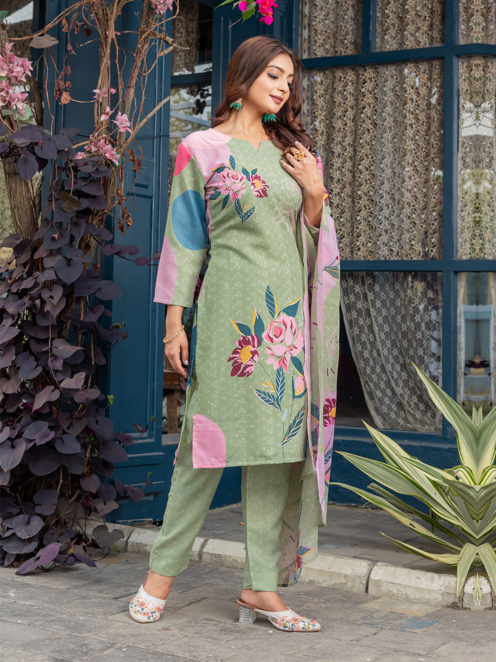 Jyoti Fashion Women's Mehendi Cotton Blend Printed Designer Kurta Set with Dupatta | Grocsy