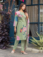 Jyoti Fashion Women's Mehendi Cotton Blend Printed Designer Kurta Set with Dupatta | Grocsy