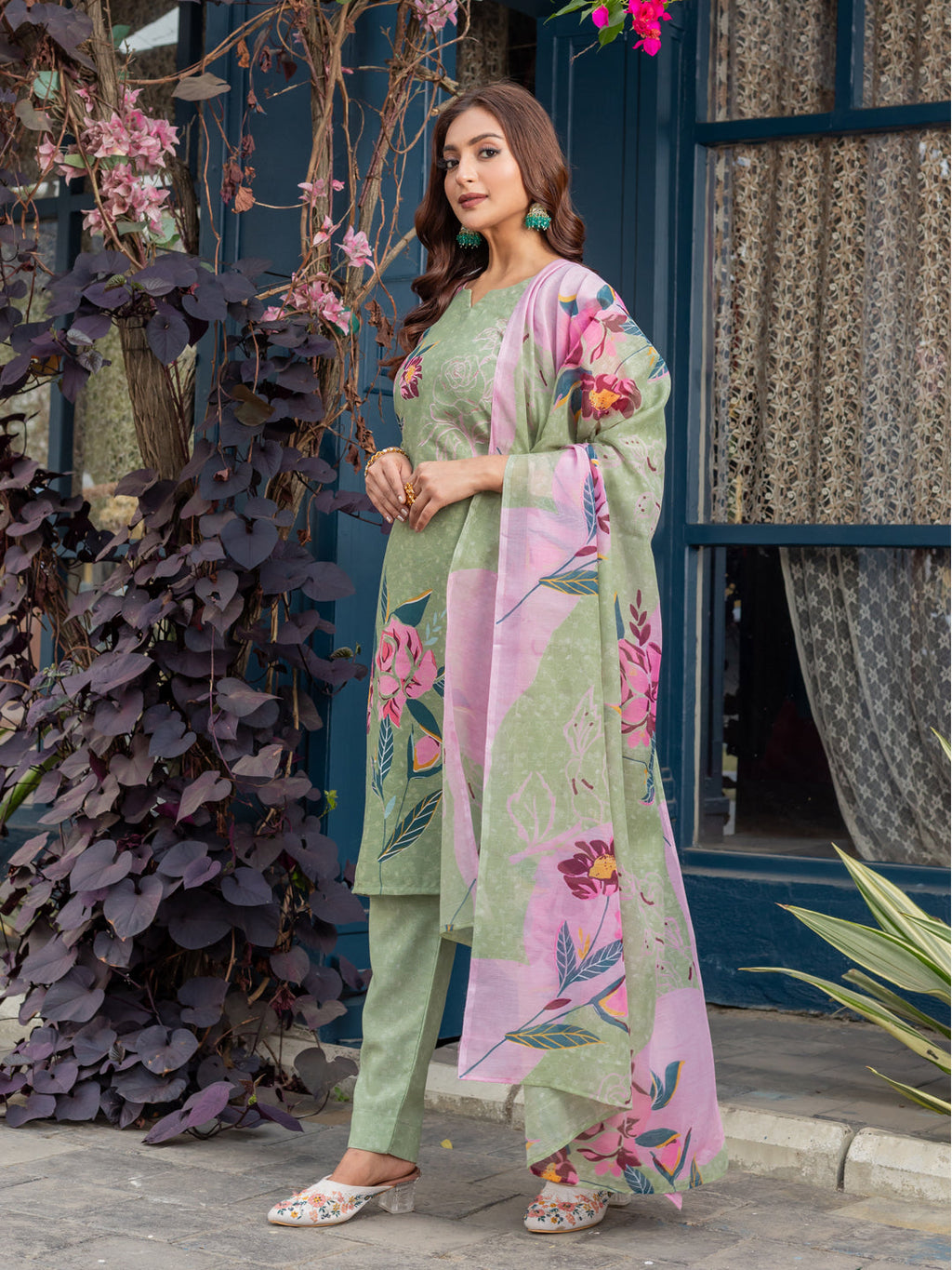 Jyoti Fashion Women's Mehendi Cotton Blend Printed Designer Kurta Set with Dupatta | Grocsy