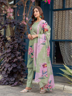 Jyoti Fashion Women's Mehendi Cotton Blend Printed Designer Kurta Set with Dupatta | Grocsy