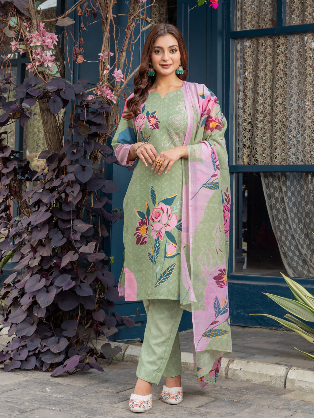 Jyoti Fashion Women's Mehendi Cotton Blend Printed Designer Kurta Set with Dupatta | Grocsy