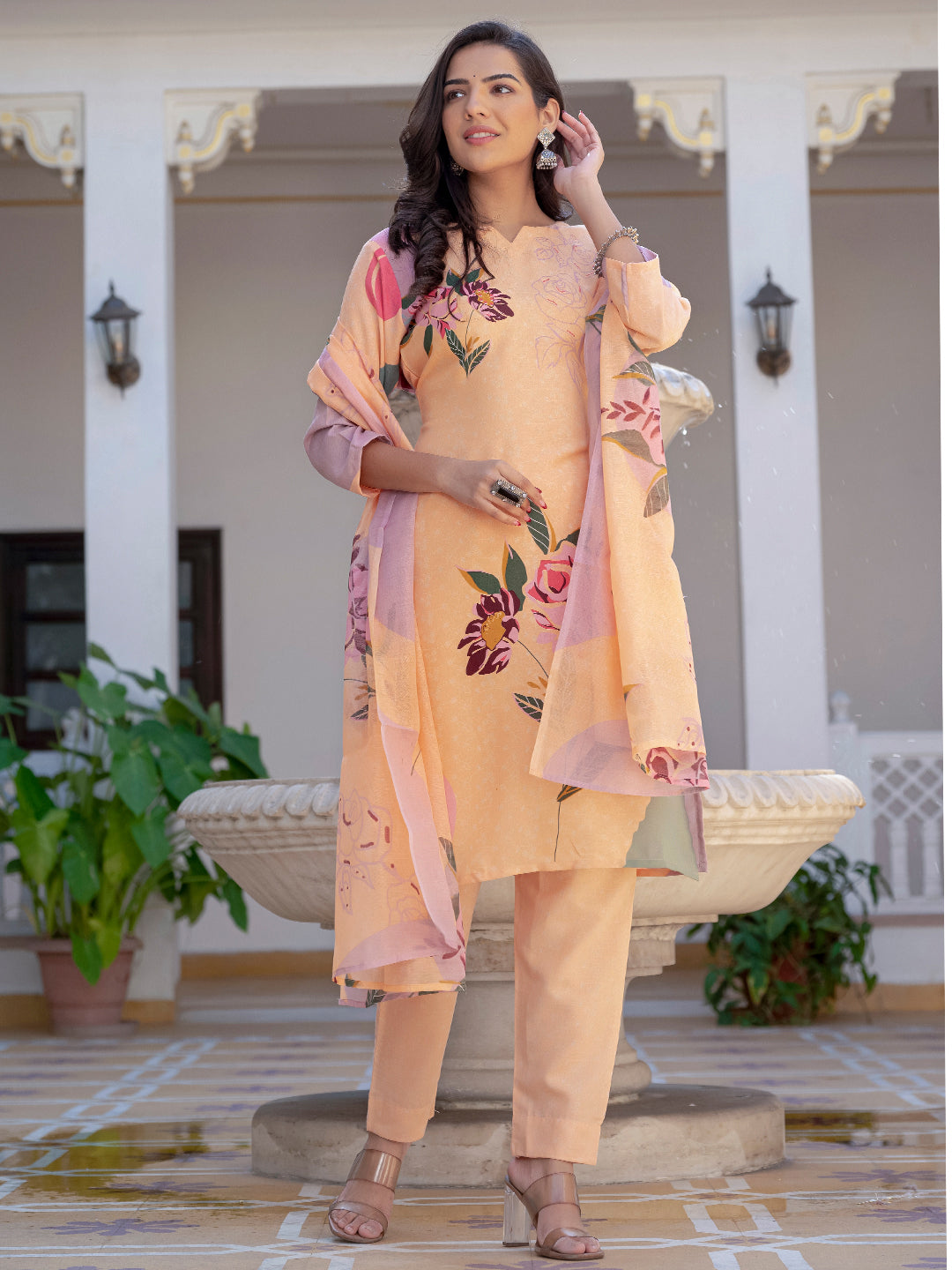 Jyoti Fashion Women's Orange Cotton Blend Printed Designer Kurta Set with Dupatta | Grocsy