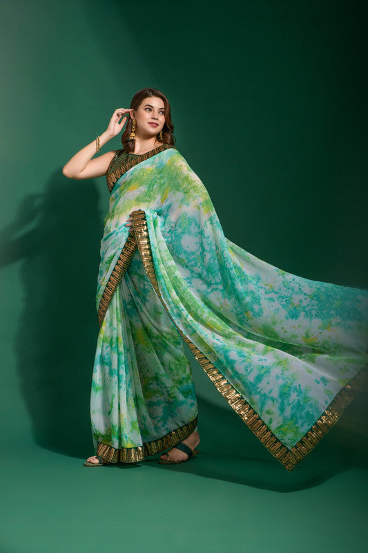 Jyoti Fashion Women's Sea Green Sequence Embroidery Chiffon Saree with Blouse | Grocsy