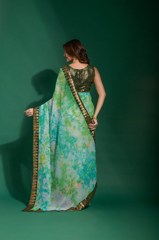 Jyoti Fashion Women's Sea Green Sequence Embroidery Chiffon Saree with Blouse | Grocsy