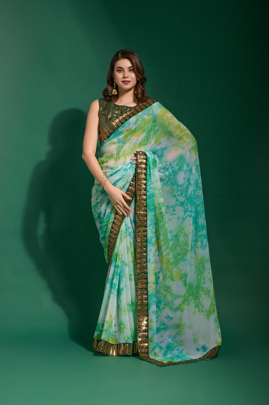 Jyoti Fashion Women's Sea Green Sequence Embroidery Chiffon Saree with Blouse | Grocsy