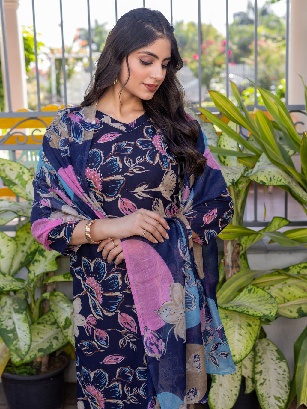 Jyoti Fashion Women's Navy Blue Cotton Blend Printed Designer Kurta Set with Dupatta | Grocsy