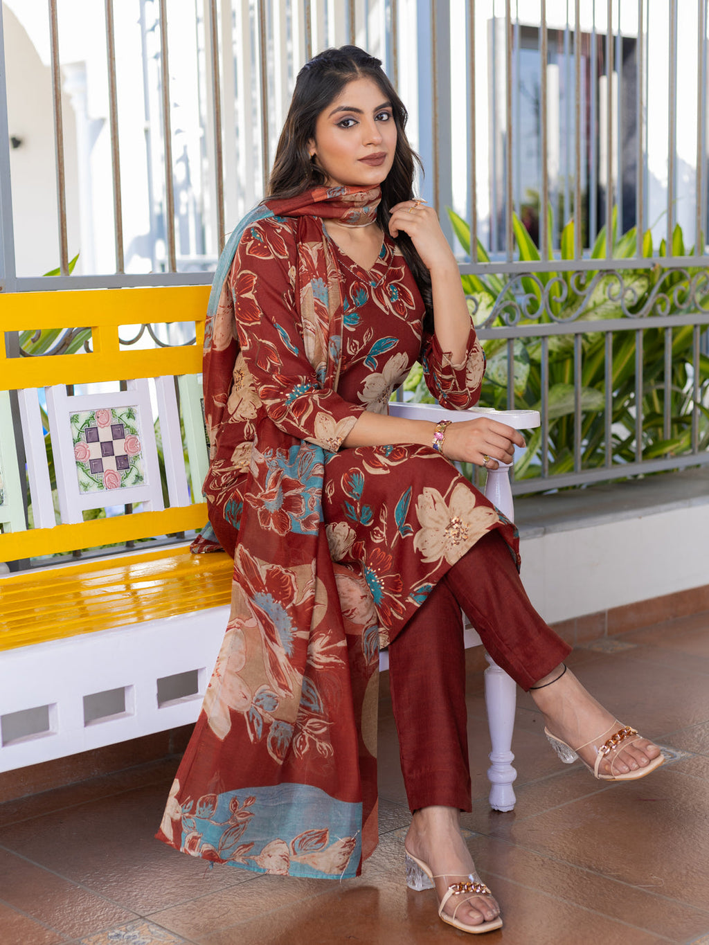 Jyoti Fashion Women's Rust Cotton Blend Printed Designer Kurta Set with Dupatta | Grocsy