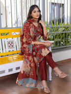 Jyoti Fashion Women's Rust Cotton Blend Printed Designer Kurta Set with Dupatta | Grocsy