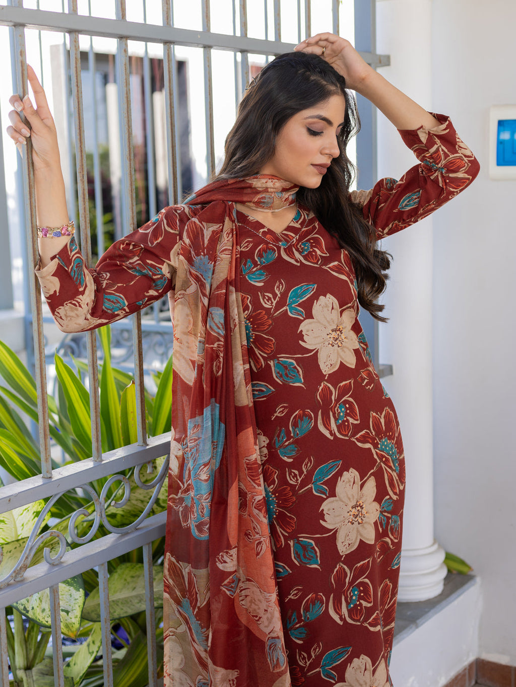 Jyoti Fashion Women's Rust Cotton Blend Printed Designer Kurta Set with Dupatta | Grocsy