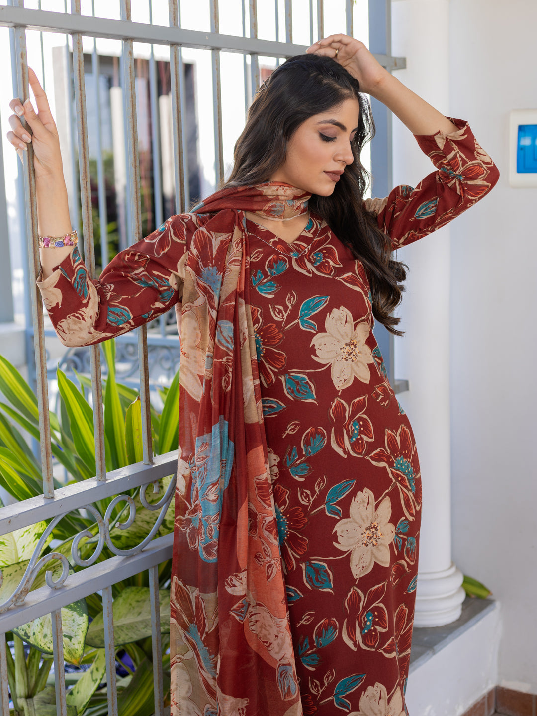Jyoti Fashion Women's Rust Cotton Blend Printed Designer Kurta Set with Dupatta | Grocsy