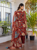 Jyoti Fashion Women's Rust Cotton Blend Printed Designer Kurta Set with Dupatta | Grocsy