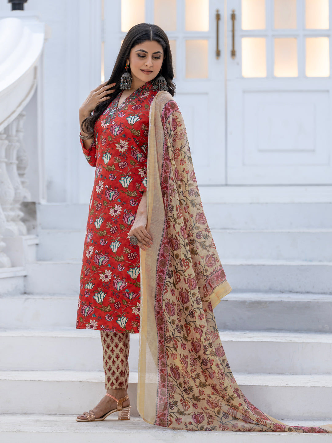 Jyoti Fashion Women's Red Rayon Print with Thread Designer Kurta Set with Dupatta | Grocsy