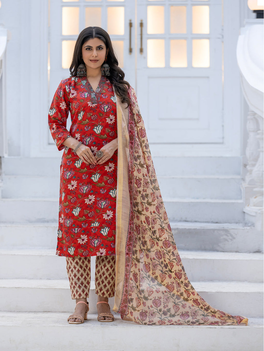 Jyoti Fashion Women's Red Rayon Print with Thread Designer Kurta Set with Dupatta | Grocsy