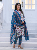Jyoti Fashion Women's White Rayon Print with Thread Designer Kurta Set with Dupatta | Grocsy