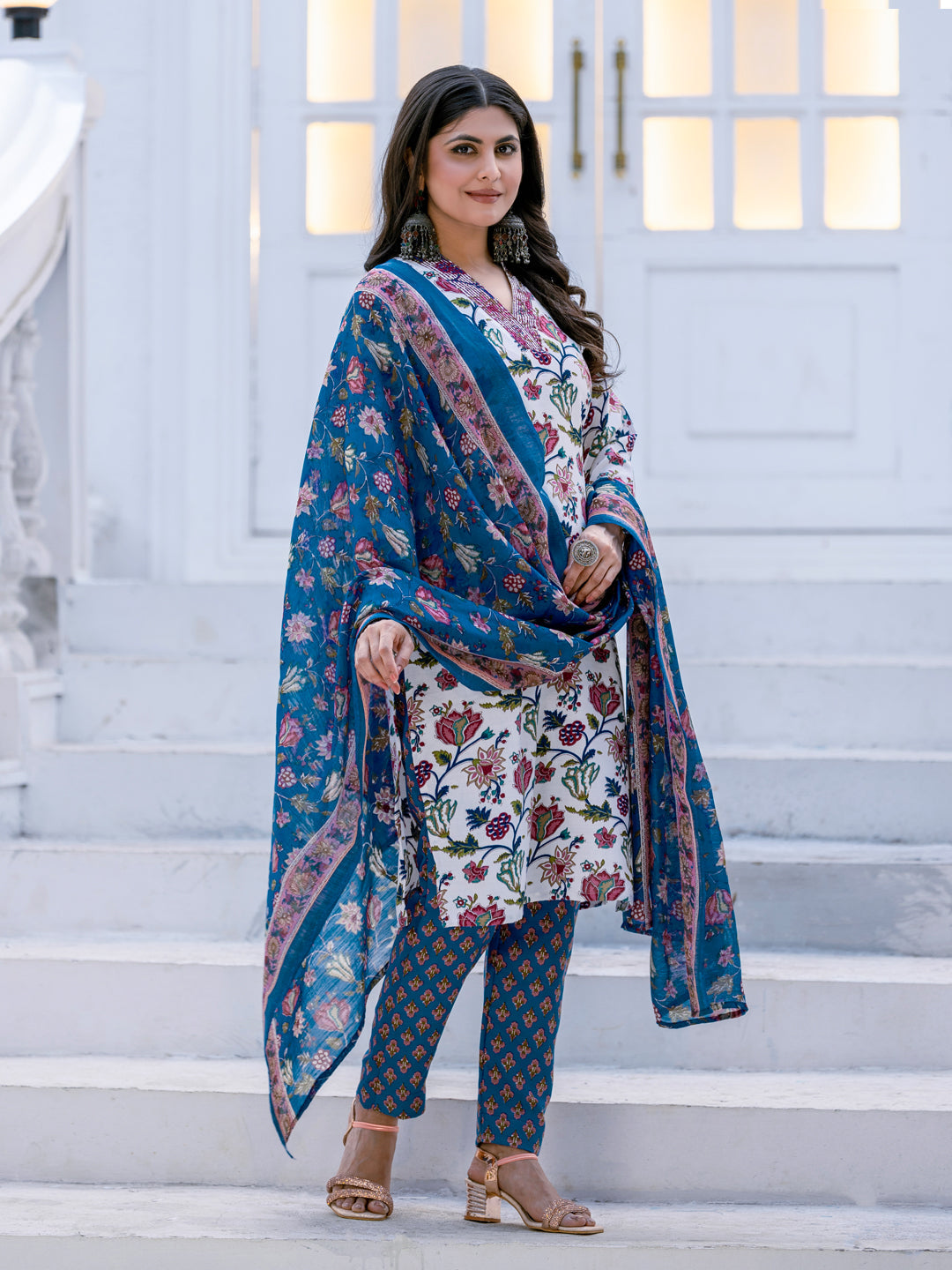 Jyoti Fashion Women's White Rayon Print with Thread Designer Kurta Set with Dupatta | Grocsy