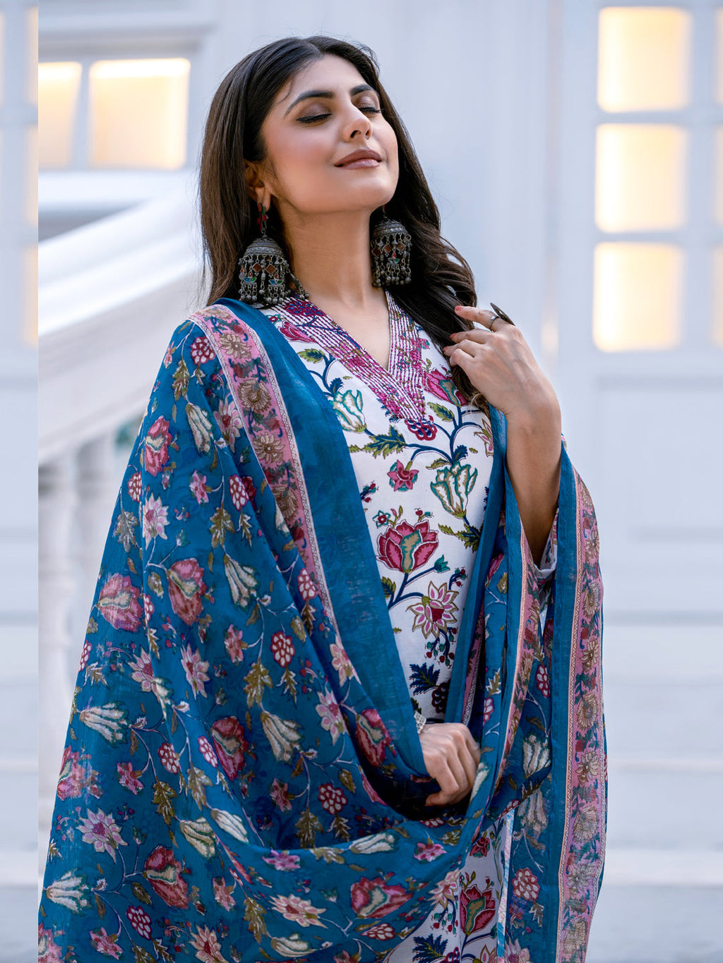 Jyoti Fashion Women's White Rayon Print with Thread Designer Kurta Set with Dupatta | Grocsy
