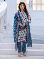 Jyoti Fashion Women's White Rayon Print with Thread Designer Kurta Set with Dupatta | Grocsy