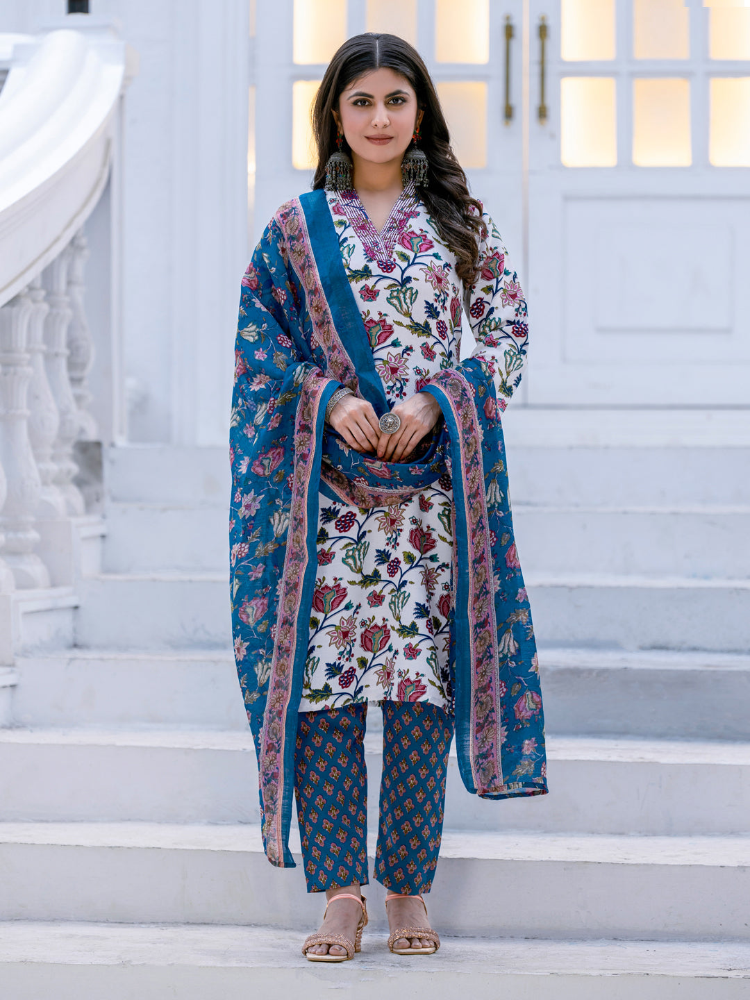 Jyoti Fashion Women's White Rayon Print with Thread Designer Kurta Set with Dupatta | Grocsy