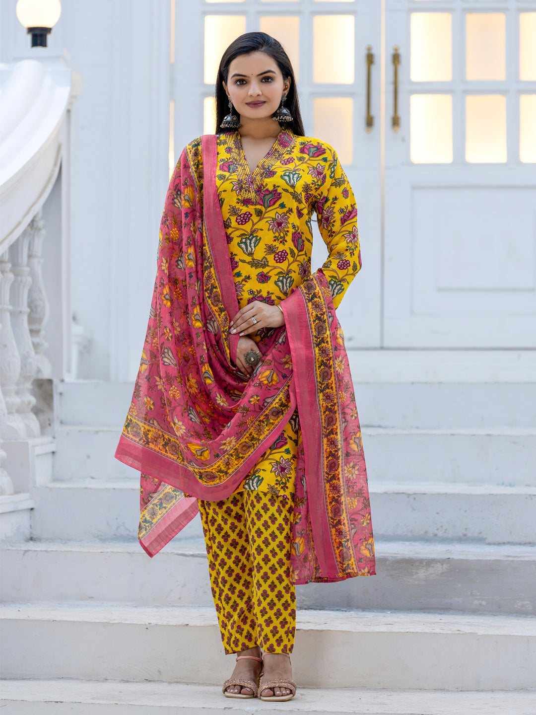 Jyoti Fashion Women's Yellow Rayon Print with Thread Designer Kurta Set with Dupatta | Grocsy