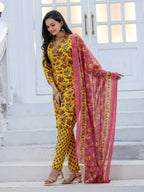 Jyoti Fashion Women's Yellow Rayon Print with Thread Designer Kurta Set with Dupatta | Grocsy