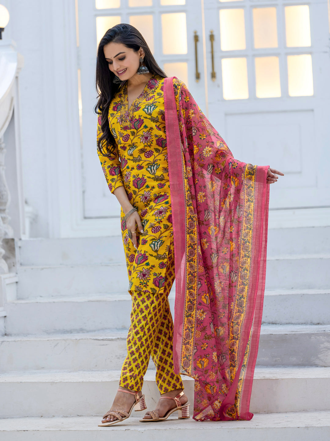 Jyoti Fashion Women's Yellow Rayon Print with Thread Designer Kurta Set with Dupatta | Grocsy