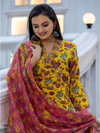 Jyoti Fashion Women's Yellow Rayon Print with Thread Designer Kurta Set with Dupatta | Grocsy