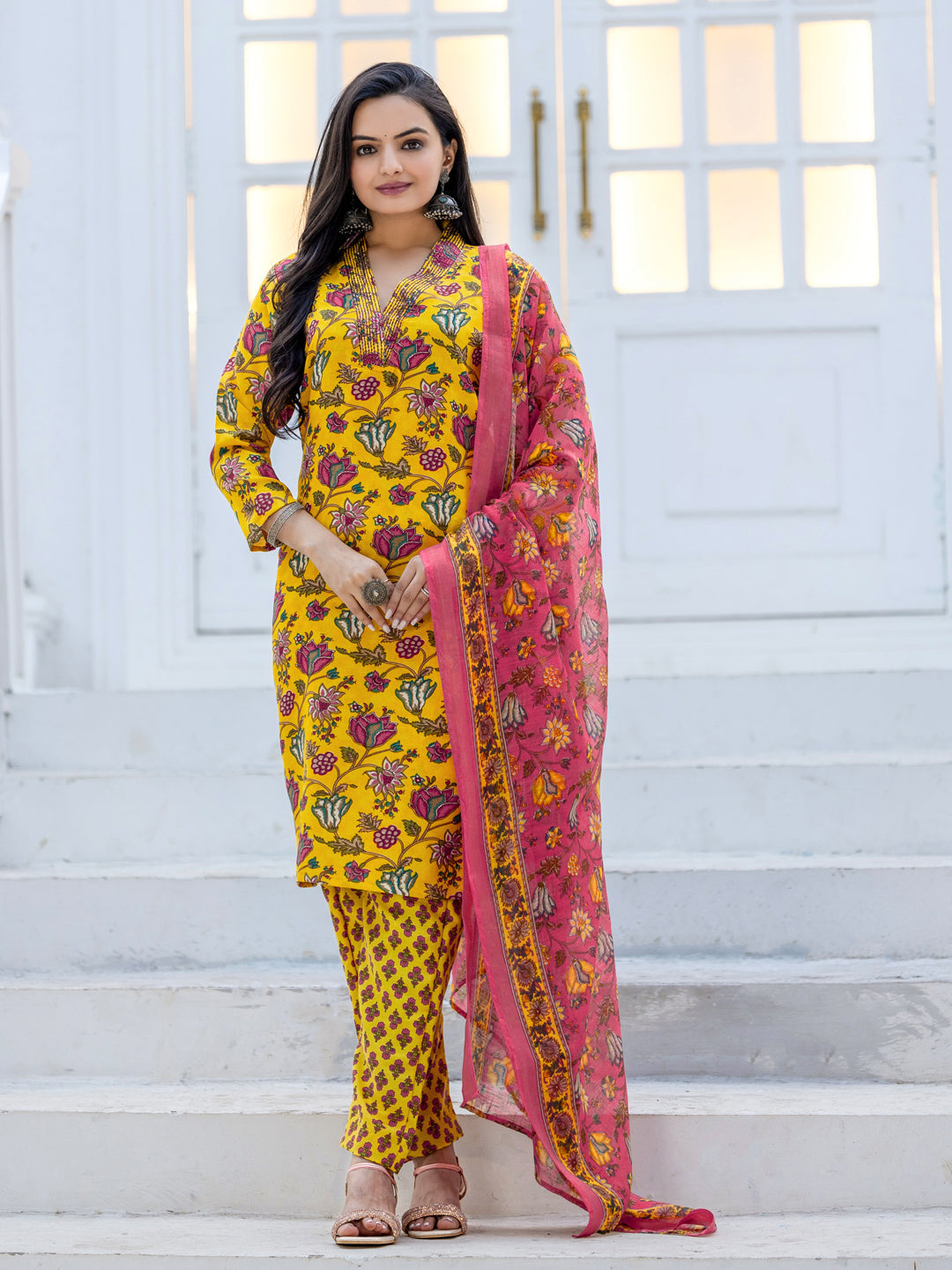 Jyoti Fashion Women's Yellow Rayon Print with Thread Designer Kurta Set with Dupatta | Grocsy