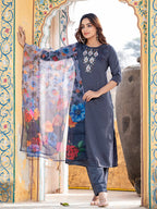 Jyoti Fashion Women's Gray Silk Handwork Designer Kurta Set with Dupatta | Grocsy