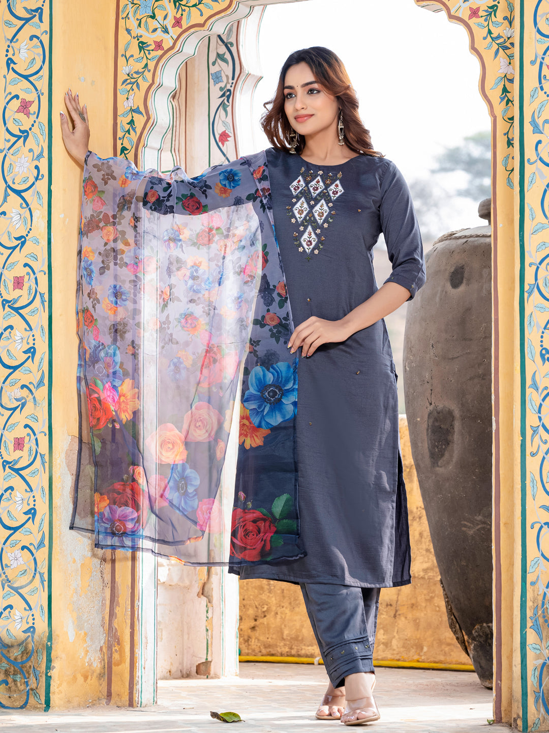 Jyoti Fashion Women's Gray Silk Handwork Designer Kurta Set with Dupatta | Grocsy