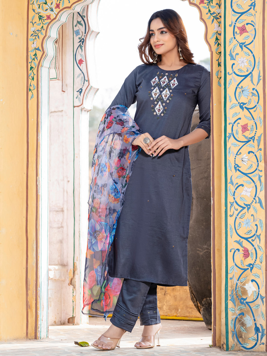 Jyoti Fashion Women's Gray Silk Handwork Designer Kurta Set with Dupatta | Grocsy