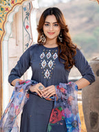 Jyoti Fashion Women's Gray Silk Handwork Designer Kurta Set with Dupatta | Grocsy